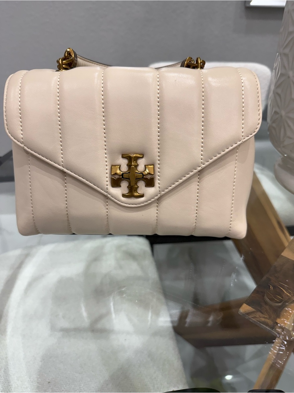 Tory Burch Quilted Leather Crossbody in Pale Blush with Gold Hardware